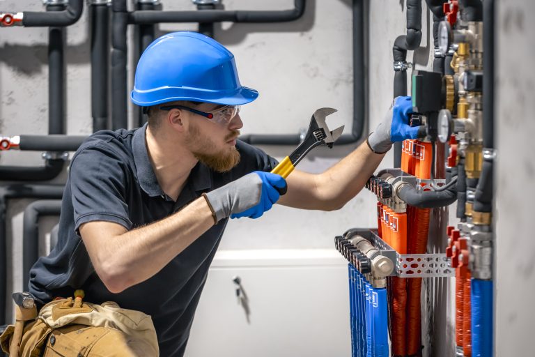 The technician checking the heating system in the boiler room